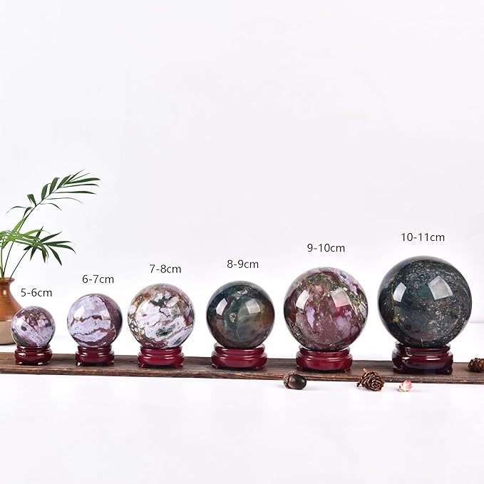 JIC Gem Large Healing Crystal Sphere with Stand Ocean Jasper Crystal Gemstone Decorative Ball for Home Decor Altar Reiki Healing Gift 90-100mm