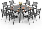 PHI VILLA 9 Piece Patio Dining Set, Metal Outdoor 60'' Square Table Furniture Set with 6 Backyard Armrest Stackable Chairs, Table with 1.57'' Umbrella Hole for Patio, Deck, Black