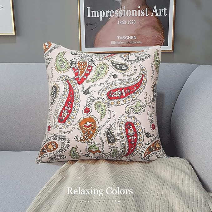 Magpie Fabrics Pack of 2 Outdoor Waterproof Throw Pillow Covers 18 x 18 Inch, Christmas Decorative Cushion Sham Pillowcase Shell for Garden Patio Tent Balcony Couch Sofa(Paisley Red Beige)