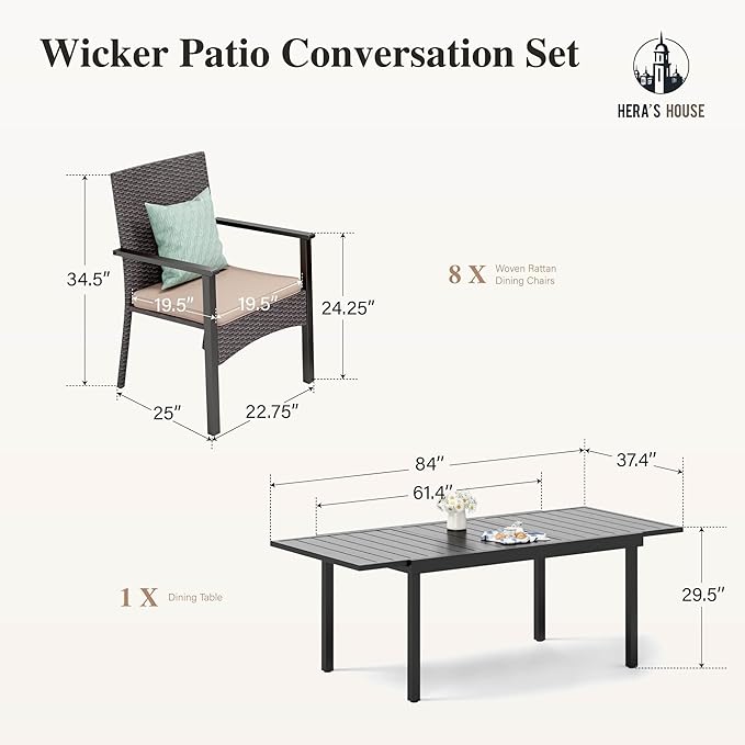 HERA'S HOUSE 9 Pieces Patio Dining Sets for 8, Outdoor PE Rattan Chairs and Extendable Metal Dining Table with 1.57" Umbrella Hole, Modern Outdoor Dining Table Set for Deck, Balcony, Backyard, Garden
