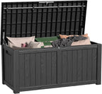 120 Gallon Outdoor Deck Box,Storage Lockable Waterproof Patio Furniture,Garden Tools,Cushions,Pool Accessories Outside Storage Resin Box(Black)