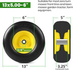 AR-PRO (2-Pack) 13x5.00-6 Flat Free Lawn Mower Tire and Wheel- Solid Smooth Tread Replacement Front Tire for Riding Zero Turn Mowers, Garden Tractors – 3/4" and 5/8" Bearings, 3.25"-5.9" Centered Hub