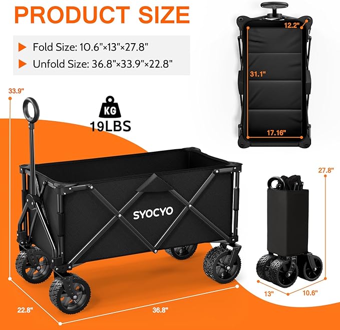 Collapsible Wagon with Big Wheels, Beach Wagons Carts Foldable with All-Terrain Wheels, Large Weight Capacity Heavy Duty Carts with Cup Holders for Camping, Garden, Sports, Grocery Black