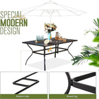 PHI VILLA Patio Dining Set 8 PCS with 13ft Double-Sided Patio Umbrella(Orange Red)，Metal Outdoor Dining Set - 6 x Outdoor Stackable Chairs, 1 x 60"x38"Rectangle Dining Table and 1 Umbrella