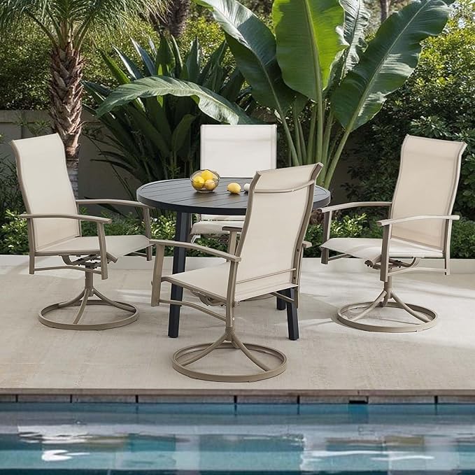 Patio Swivel Chairs Set of 8, Outdoor Swivel Chairs with Armrest, High Back Patio Chair with Metal Frame, All-Weather Outdoor Dining Chair for Deck, Porch and Lawn, Ivory Beige