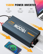 1500W Power Inverter, 12V DC to 120V AC Converter with Dual AC Outlets,QC3.0 18W USB and 30W Type-C, Car Inverter for Truck RV Home - Navy Blue/Black