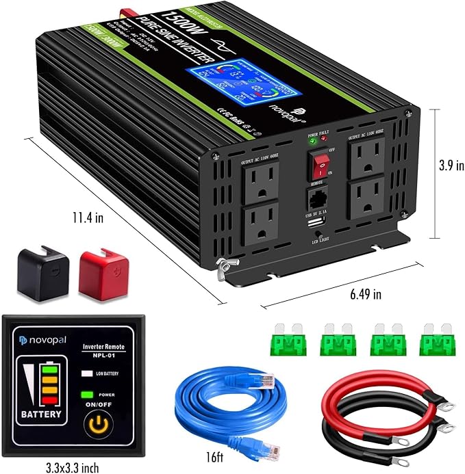 Novopal 1500 watt Pure Sine Wave Power Inverter DC 12V to 110V/120V Converter 4 AC Outlets Car Inverters with USB Port 16.4 Feet Remote Control and LCD Display