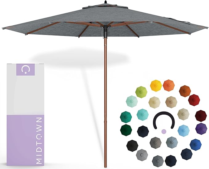 Midtown Umbrellas The Wooden 9 Feet Patio Umbrella With Sunbrella Cast Slate Acrylic Fabric - Aluminum Frame Market Umbrella For Backyard, Deck, Garden, Pool - Wooden Pole