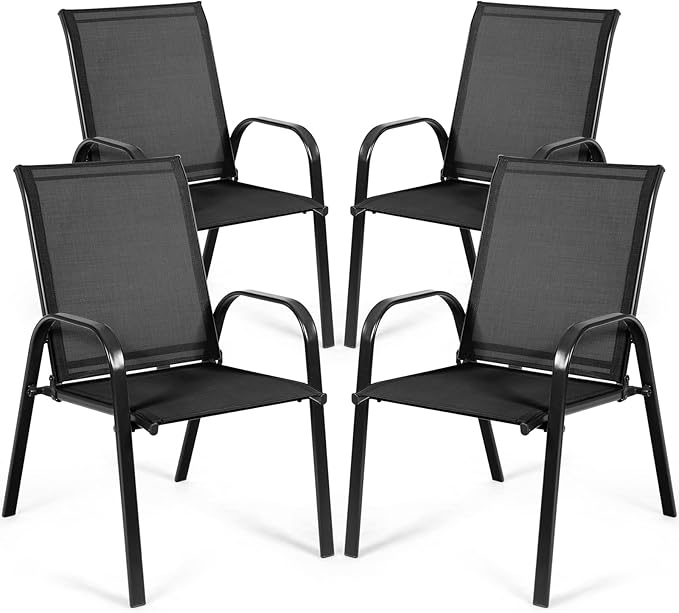 Tangkula 4 Piece Patio Dining Chairs, Outdoor Bistro Chairs W/Curved Armrests, Easy-to-Dry Fabric, Reinforced Steel Frame, Wide & Comfortable Camping Chairs for Garden, Poolside, Backyard (2, Black)