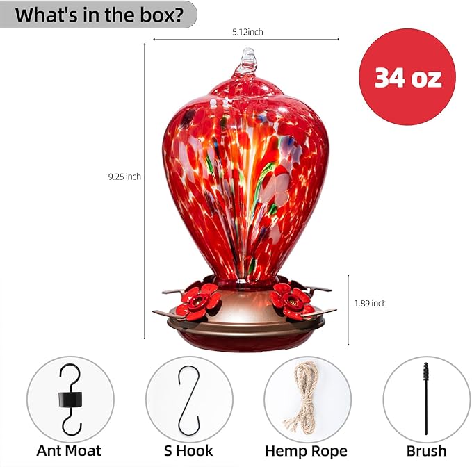 2 Packs Hummingbird Feeder for Outdoors Hanging Ant and Bee Proof, 34OZ 32OZ Hand Blown Glass Hummingbird Feeders for Outside (Red & Blue)