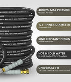 Pressure Washer Hose 150FT 4000 PSI, Kink Resistant Steel Braided Layer & NonMarking Rubber for Hot/Cold Water, High Power Washer Hose With 3/8 Inch Quick Connect & M22 Fitting, Black