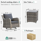 MEISSALIVVE 3 Pieces Patio Furniture Set, Outdoor Swivel Rocker with Washable Cushions & Tempered Glass Tabletop, Outdoor Rattan Conversation Set for Lawn Backyard Porch (Grey)