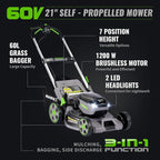 60V Self-Propelled Lawn Mower 21-Inch, Brushless Cordless Mower for Large Yards, Electric with LED Headlight, 5.0Ah Battery & Rapid Charger