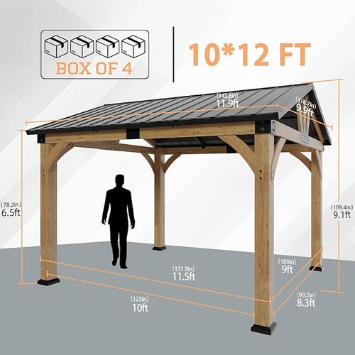 10x12 ft Wood Gazebo, Hardtop Gazebo with Galvanized Steel Peak Roof, Outdoor Pavilion for Snow Support, Wind Resistance, UV Protection, Shade for Garden, Patio, Deck