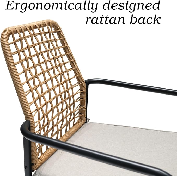 7-Piece Patio Dining Set, 6 Wicker Stacker Rattan Chairs with Gray Cushions ＆ 63'' Rectangular Table All Weahter Frame Furniture Set