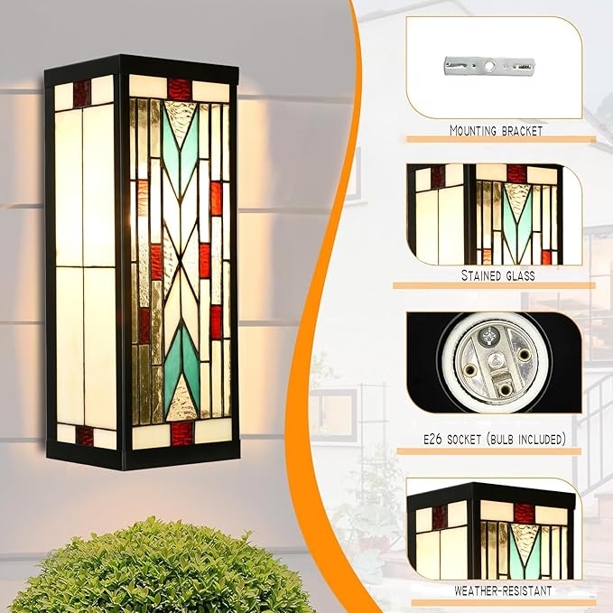 WL0004 Tiffany Style Rectangular Outdoor Wall Lights Stained Glass Corridor Wall Lamp Vintage Outdoor Balcony Aisle Hallway Wall Sconce Lighting,6" Wx 5.5" D x16 H, Bulb Included (Arrow)