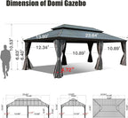 Domi 14'x24' Hardtop Gazebo Canopy,Outdoor Aluminum Gazebo with Galvanized Steel Double Roof, Extra Large Permanent Gazebo Pavilion for Patio Deck Backyard,Curtain and Netting,Grey