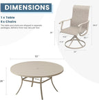 DIFY 7 Pieces Outdoor Patio Dining Set, 6 Sandshell Textilene Swivel Dining Chairs and 53" Sandshell Round Metal Dining Table, Outdoor Table and Chairs