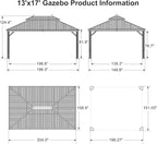 PURPLE LEAF 13' X 17' Outdoor Hardtop Gazebo Patio Wide Aluminum Frame Metal Double Roof with Heavy Duty Netting and Curtains for Permanent Hard Top Pavilion Screen Khaki