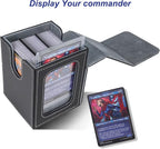 AFIING MTG Deck Box for Commander Display,Card Deck Box Fits 100 Double Sleeved Cards, Magic Commander TCG Card Storage Box with 2 Dividers,Drawstring Bag and 1 Toploader(Black/grey)