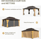 Domi 12'x16' Cedar Wood Gazebo with Double Roof Steel Hardtop,Solid Wood Frame Gazebo,Curtains and Netting Included for Garden, Backyard