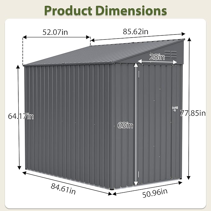 4×8 FT Outdoor Metal Storage Shed,Heavy-Duty Lean to Storage Shed with Lockable Door and Reinforced Beams,All Weather Waterproof Storage House W/2 Air Vents,for Backyard,Patio,Lawn,Dark Gray