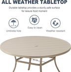 VICLLAX 50" Outdoor Round Patio Dining Table for 4-6, All Weather Metal Dining Table with Umbrella Hole for Deck Lawn Garden Backyard, Sandshell