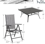 PHI VILLA 9 Piece Patio Dining Set, Outdoor Table and Chairs Set with Adjustable Portable Patio Folding Chairs (Grey) & Large Square Outdoor Dining Table for Yard, Garden and Lawn