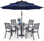PHI VILLA Patio Dining Set 6 Piece with 4 Metal Outdoor Stackable Chairs, 1 Square Metal Table and 10ft 3 Tier Umbrella(Navy Blue), Outdoor Table Furniture Set for Patio, Deck, Poolside