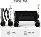 Collapsible Folding Wagon with Extended Tailgate, 150L & 580LBS Wagons Carts Foldable with All-Terrain Wheels, Side Pocket and Brakes, Beach Wagon Cart Heavy Duty for Camping, Shopping, Sports, Garden