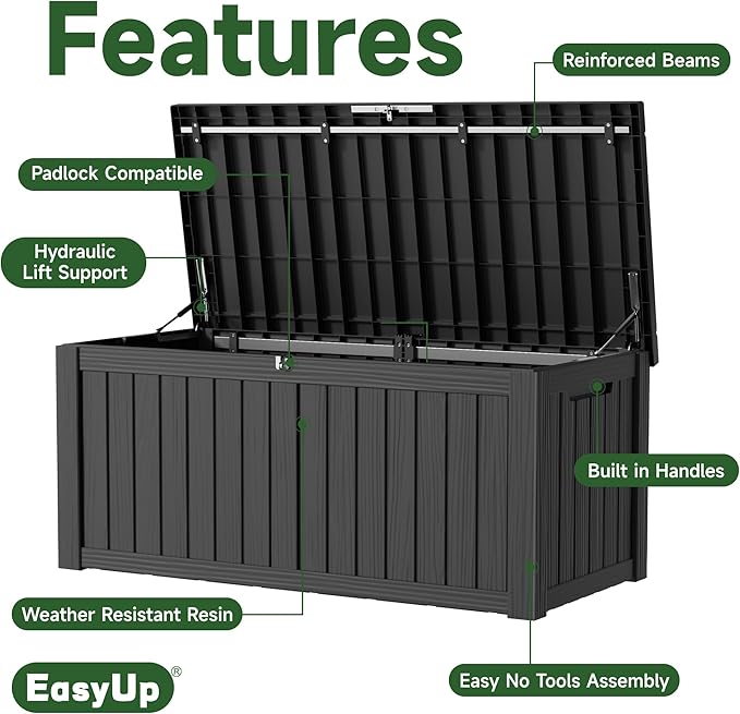 EasyUp 120 Gallon Outdoor Storage Box, Resin Waterproof UV-Resistant Deck Box with Hydraulic Lid Support, Reinforced Stability for Patio, Garden, and Poolside, Striped Black