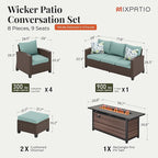 Patio Furniture Set, 8 Pcs Wicker Rattan Outdoor Conversation Set, 4 x Leg Chairs, 1 x 3 Seater Sofa and 2 x Ottoman with 4" Thick Cushion and 56" Fire Pit Table, Blue
