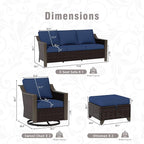 5 Piece Wicker Patio Conversation Set, All-Weather Use Outdoor 2 PE Rattan Swivel Chair, 2 Ottoman, 1 Patio Sofa, Removable Water-Resistant Cushion, Ideal for Porch, Backyard, Balcony, Poolside, Blue