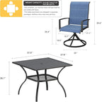 VICLLAX 5 Pieces Patio Dining Set, 4 Seats Outdoor Furniture Includes 37.8" Square Outdoor Table and 4 Swivel Patio Chairs, Black Tabletop and Blue Fabric