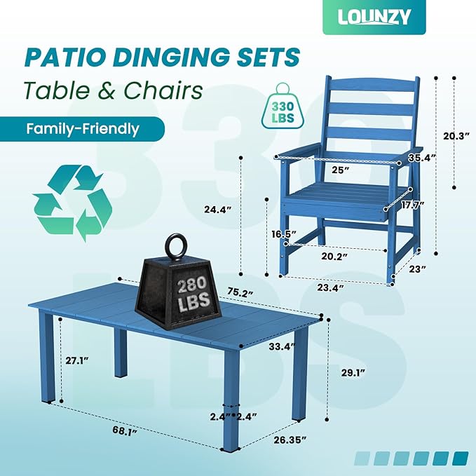 LOUNZY 9 Pieces Patio Dining Sets, 90'' Table Outdoor HDPE Furniture Set w/ 2" Hole Cut-Out Dining Table with 8 Patio Chairs for Lawn, Pool and Yard, Navy