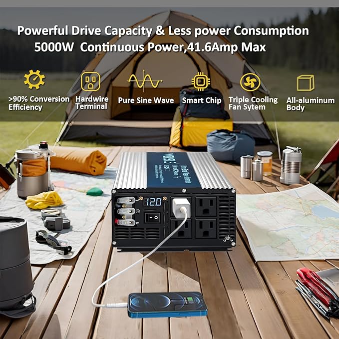 WZRELB 5000W Pure Sine Wave Inverter 12V DC to 110V 120V AC Power Converter with LED Display, Hardwire Terminal,Off-Grid Portable Power Inverter with 4 AC Outlets for Home, RV, Truck, Camping