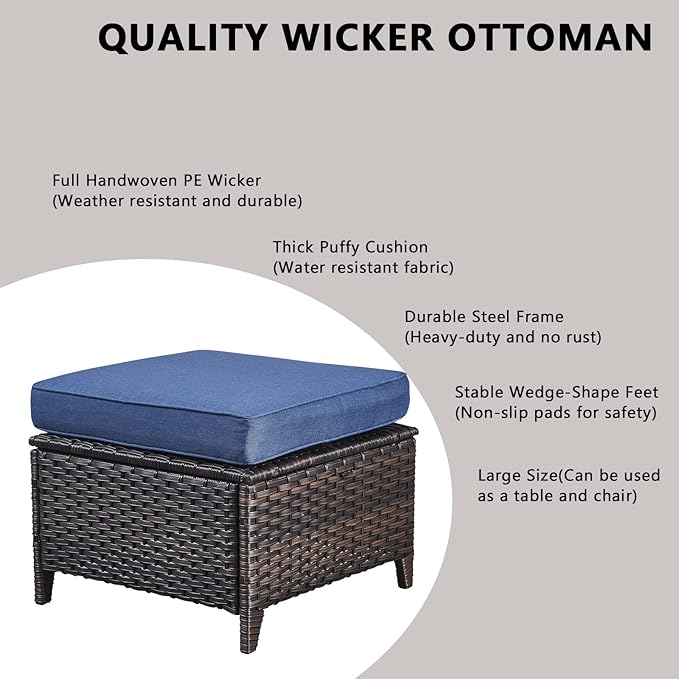 Outdoor Wicker Patio Furniture Set - 5 Piece Rattan Patio Conversation Set with 2 Rocking Swivel Chairs,2 Ottomans and 1 Sofa for Porch Deck Backyard Garden(Brown/Blue)