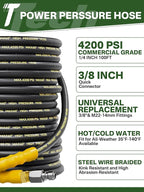 4200PSI Pressure Washer Hose 100FT with 3/8" Swivel Quick Connect for Cold/Hot Water, Kink Resistant Steel Wire Braided, Wear Resistant Power Washer Hose with 2 M22 14mm Adapter Set