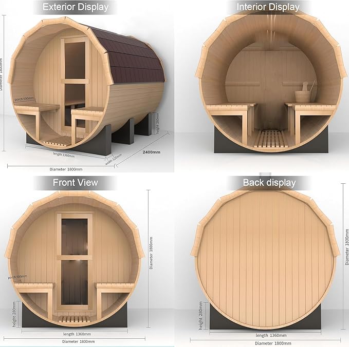 Outdoor Barrel Sauna, 6 Person Wood Steam Sauna Room with Porch, 6kw Toule Electric Heater with Sauna Stone, Canadian Red Ceder, Sauna Accessories, Roof, 94.48”*70.86“*70.86“ (Red Ceder)