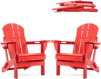 Folding Adirondack Chair, HDPE Outdoor Texture Lawn Chair with Reclining Back, Cup and Phone Holder - Comfortable Firepit Chair Weather Resistant for Patio or Backyard (Red, Set of 2)