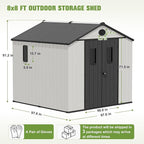 COOS BAY 8x8 Outdoor Resin Storage Shed with Floor, 2 Lockable Doors, All-Weather Durable Garden Shed for Tools & Equipment, White/Gray