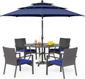 PHI VILLA 5 Pieces Outdoor Dining Set with Umbrella for 4, Round Metal Iron Dining Table & Wicker Chairs with Cushions & Large Blue Umbrella, Morden Dining Furniture for Patio, Deck, Yard, Porch