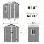 Outdoor Shed 5x3/6x4/7x7/8x6/8x10/8x12 FT, 15MM Thick PP Resin Plastic Shed with Lockable Door & Floor - Waterproof Plastic Tool Shed for Bike, Garbage Can, Backyard, Patio ﻿ ﻿ (Grey, 6x4FT)