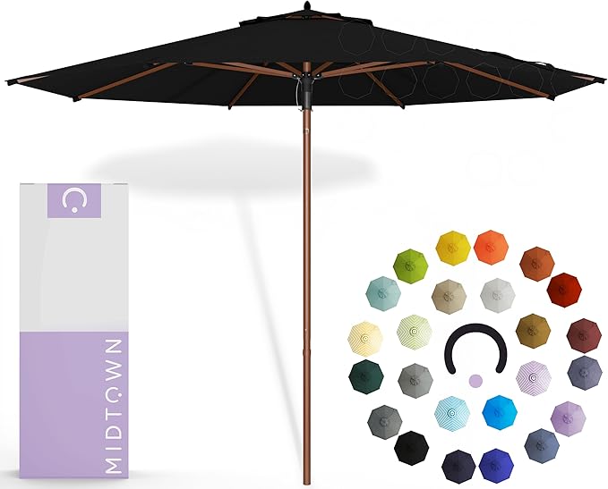 Midtown Umbrellas The Wooden 9 Feet Patio Umbrella With Terylast Ebony (Black) Polyester Fabric - Aluminum Frame Market Umbrella For Backyard, Deck, Garden, Pool - Wooden Pole