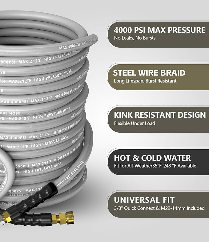 Pressure Washer Hose 75FT 4000 PSI, Kink Resistant Steel Braided Layer & NonMarking Rubber for Hot/Cold Water, High Power Washer Hose With 3/8 Inch Quick Connect & M22 Fitting, Gray