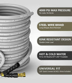 Pressure Washer Hose 75FT 4000 PSI, Kink Resistant Steel Braided Layer & NonMarking Rubber for Hot/Cold Water, High Power Washer Hose With 3/8 Inch Quick Connect & M22 Fitting, Gray
