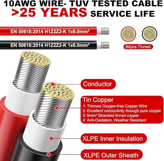Oududianzi 2x165 Feet Solar Panel Wire, 10AWG Solar Wire Tinned Copper 10 Gauge Solar Cable PV Wire, for Outdoor Automotive RV Solar Panels Boat Marine (165FT Red + 165FT Black)