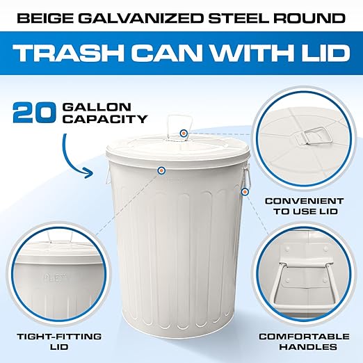 Plexon Large Metal Trash Can with Lid 20 Gallon, Decorative Outdoor Trash Can, Heavy Duty Galvanized Metal Bucket with Lid for Kitchen Garage Farmhouse, Beige