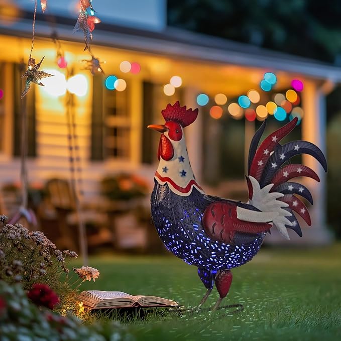 LIFFY Metal Rooster Yard Decor,18" Solar Powered Chicken Sculpture with Patriotic Flag, Weather-Resistant Garden Statue Outdoor for Garden, Patio, Lawn, Backyard