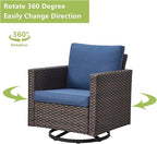 Rilyson Wicker Outdoor Patio Furniture Set - 6 Piece Patio Conversation Set with 2 Swivel Rocker Chairs,2 Rattan Ottoman,1 Couch and 1 Metal Coffee Table for Outside Porch Deck Backyard(Brown/Blue)